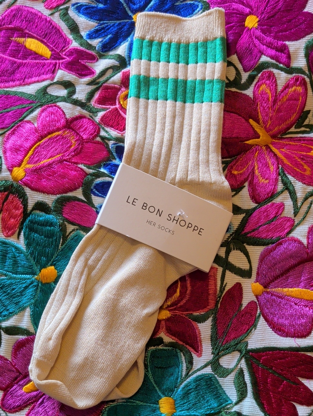 Le Bon Shoppe Cream Socks with Green Stripes — Casual Ribbed Crew